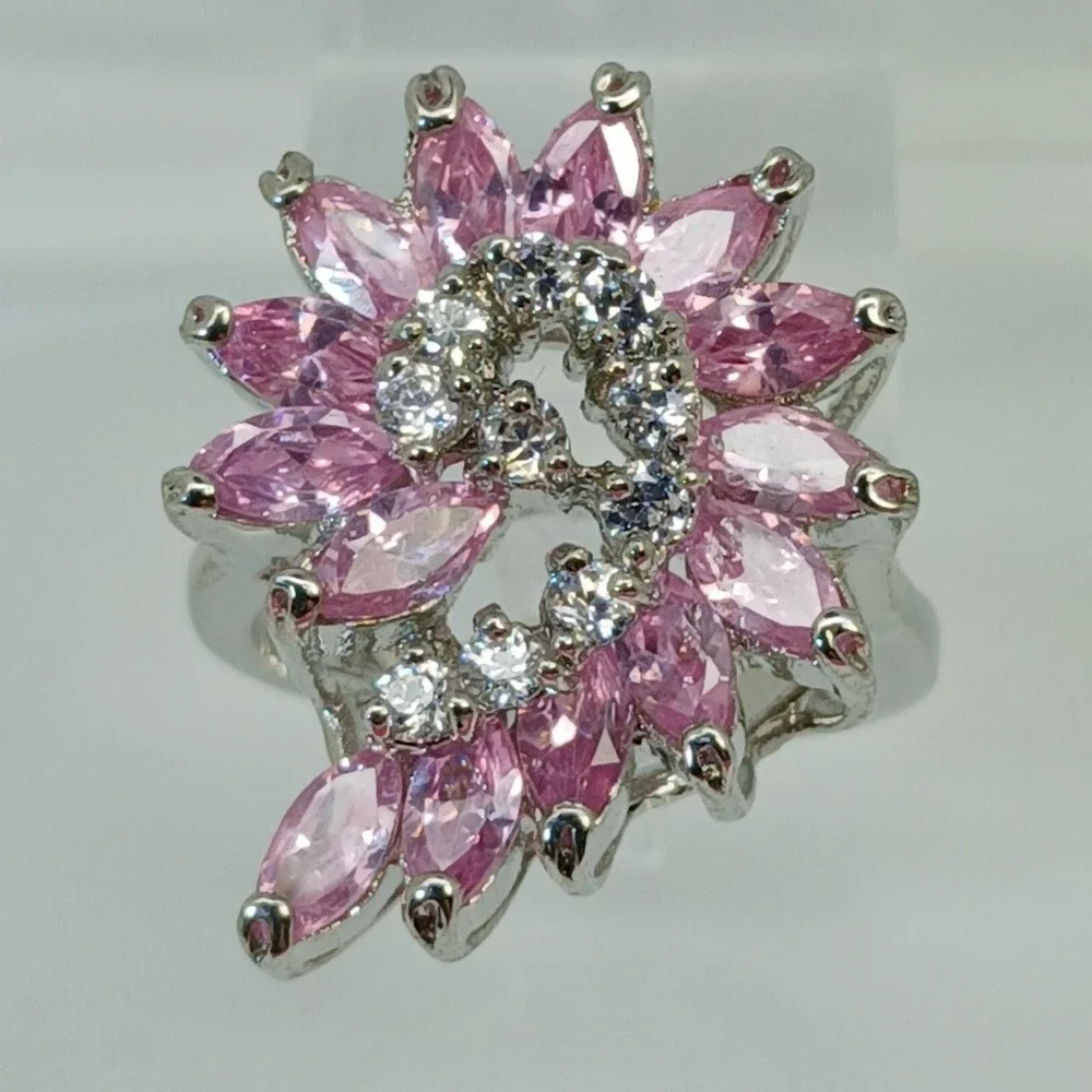 Vintage 1990s Pink Marquise Floral Swirl Cocktail Ring Silver Statement Size 8.5
